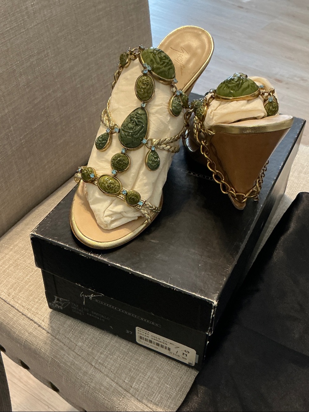 Giuseppe Zanotti Gold Wedge Mules with Olive Green Gem Accents